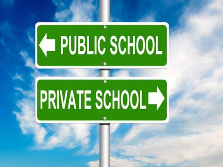 Road sign with signs for public school and private school